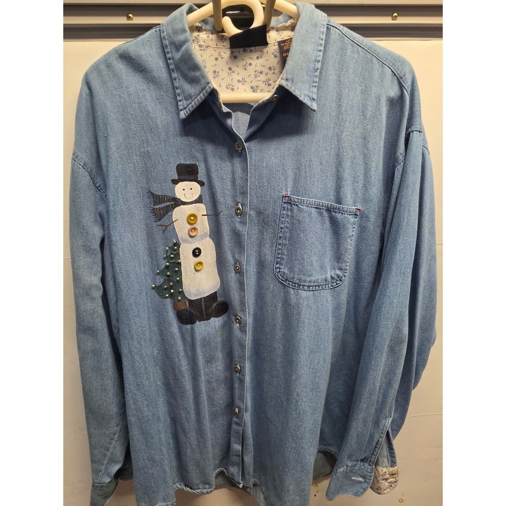Faded Glory Womens XL Blue Denim Snowman Christmas Button Down Shirt Long Sleeve